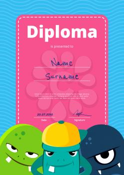 Vector children diploma or certificate with cute monsters on wavy background. Characters monsters illustration