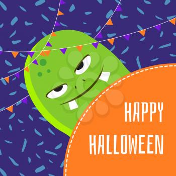 Vector banner happy halloween cute cartoon green monster illustration with garlands