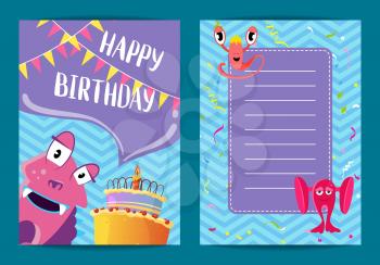 Vector happy birthday card template with cute cartoon monsters, cake, garlands, confetti and speech bubble on zig zag background illustration