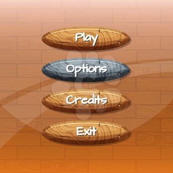 Vector cartoon style wooden buttons with text for game design on wooden texture background. Vector illustration