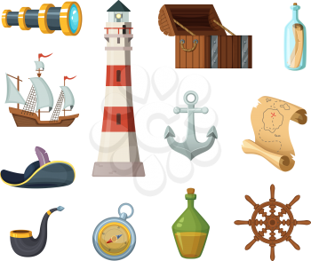 Marine vector objects. Chest, compass, treasure map and other objects in cartoon style. Bottle of rum, anchor and tube, map and spyglass illustration