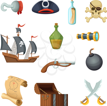 Different icon set of pirate theme. Skull, treasure map, battle ship of corsair and other objects in vector style. Illustration of pirate ship, treasure and skull, sword and bottle rum