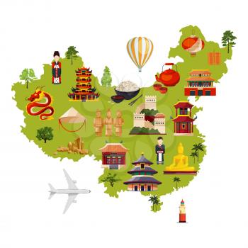Chinese travel illustration with different cultural objects. Vector map in cartoon style. China map for tourism and travel