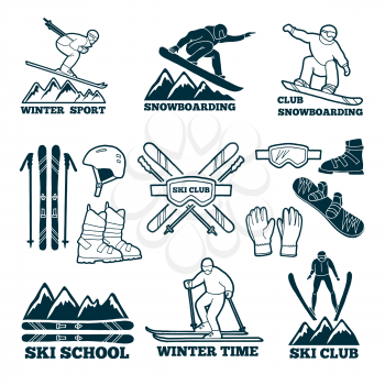 Labels set for club of skier. Silhouette of ski sportsmen. Symbols of winter sport for logos design. Ski sport club badge, stick and snowboard illustration