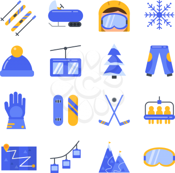 Accessories of winter sport. Vector icon set in flat style. Illustration of winter sport ski and snowboard