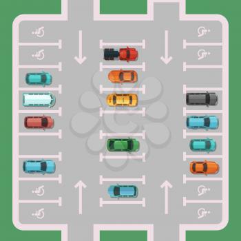 Vector parking lot with places for disabled people with cars top view illustration