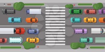 Vector road with cars in front of pedestrian zone with trees and grass on sidelines top view illustration