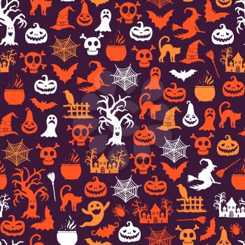 Vector halloween pattern background with witches, pumpkins, ghosts, spiders silhouettes. Halloween silhouette pumpkin spider and ghost illustration