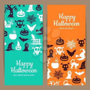 Vector halloween thin card or flyer templates with witches, pumpkins, ghosts, spiders silhouettes with place for text illustration
