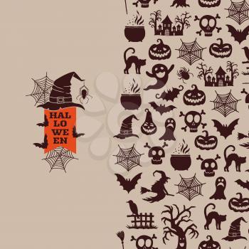 Vector halloween background design with witches, pumpkins, ghosts, spiders silhouettes illustration