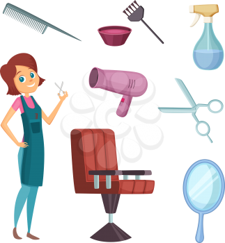 Female barber at work. Stylist with different tools for barbershop. Fashion pictures in cartoon style. Hairdresser and comb mirror scissor, armchair workplace. Vector illustration