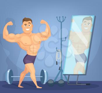 Muscular man posing a front of mirror. Bodybuilder standing in static pose. Bodybuilder cartoon in mirror, bodybuilding sport for body. Vector illustration