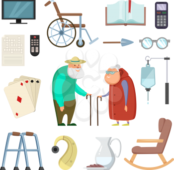 Old couples with different assistants tools for healthy life. Care couple elderly man and woman, support elements, vector illustration