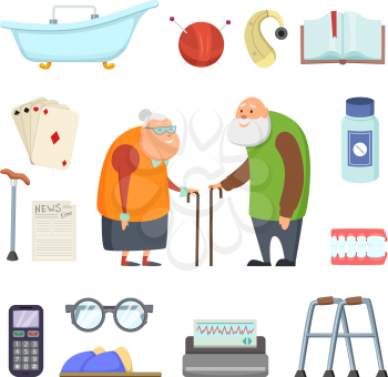 Old couple with assistants tools. Vector illustrations set in cartoon style. Elderly people care, medical crutch and help healthcare, assistance and support