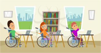 Disabled people in wheelchair sitting at the school desk. Kids in school. Illustration of education school, person in wheelchair vector