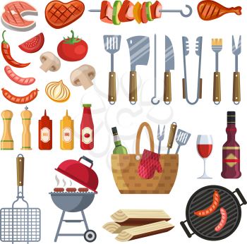Different special tools and food for barbecue party. Grilled vegetables, meat, steak and sausage. Bbq grill and food grilled, tools and vegetables illustration