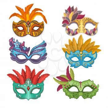 Woman masks with feathers for masquerade. Collection of masquerade mask, carnival venetian. Vector illustration