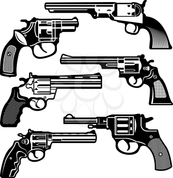 Monochrome illustrations of retro weapons. Revolvers vintage guns. Vector pictures set. Revolver gun and weapon monochrome black, pistol classic cowboy