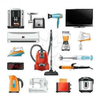 Electronic household equipment isolated on white. Equipment of household electric, blender and vacuum, vector illustration