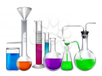 Glass tube with different chemical liquid ingredients. Laboratory eqipment. Tube glass for laboratory with liquid, chemical research and experiment, vector illustration
