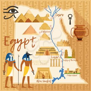 Stylized Map of Egypt with different cultural objects and landmarks. Egypt map travel with ancient landmark sphinx and pyramid. Vector illustration