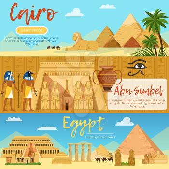 Horizontal banners of egypt landscape. Vector pictures set in cartoon style. Africa vacation and travel, egypt tourism poster illustration