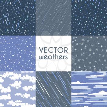 Different types of rainfall. Autumn rainy, snow and other seamless pattern collection. Rain and snow weathers, rainy pattern illustration