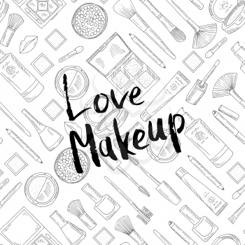 Vector monochrome pattern background with Love Makeup lettering ink illustration