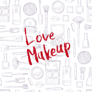 Vector monochrome pattern background with Love Makeup lettering ink ink illustration