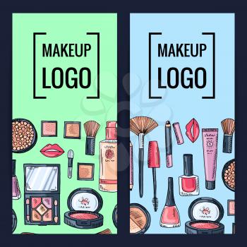 Vector makeup brand banners or flyers with hand drawn makeup products backgrounds illustration