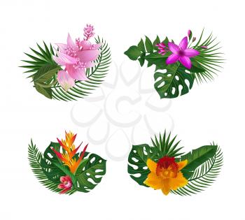 Vector tropical palm leaves and exotic flower elements bouquets isolated on white background. Leaf palm and summer hawaii flower bouquet illustration