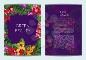Vector tropical palm leaves and exotic flower elements business template for card or flyer with place for text illustration