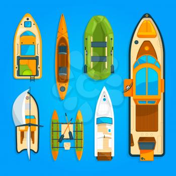 Speed motor boat, sea ship, yacht and other marine transport. Vector pictures set top view. Ship and yacht, nautical transport illustration