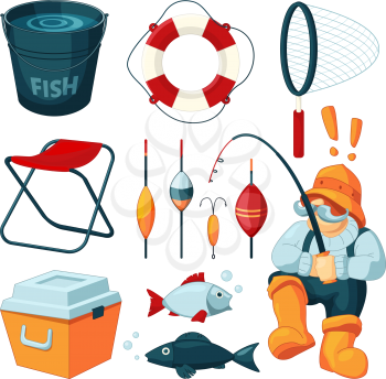 Different equipment for fishing. Fisherman with rod. Vector pictures set. Fisherman and fishing rod, hobby sport and leisure illustration