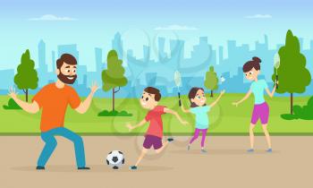 Illustrations of active parents playing sport games in urban park. Funny family couples in cartoon style. Family game sport together, badminton and play football vector