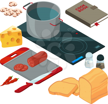 Different cooking tools on the kitchen. Equipment for cook, kitchenware and utensil, sausage and bread and cheese, vector illustration