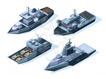 Isometric warships. Vector military boats. Illustration of warship military, ship and boat, vessel nautical with weapon for army