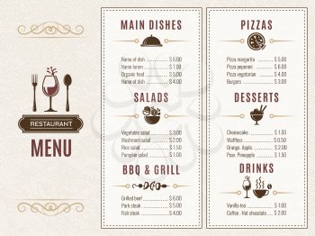 Design template of restaurant menu with place for your text. Salad and dessert, drink and grill illustration