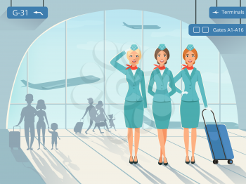 Terminal building. Vector background picture with stewardess in airport. Airplane flight and woman attendant airline illustration