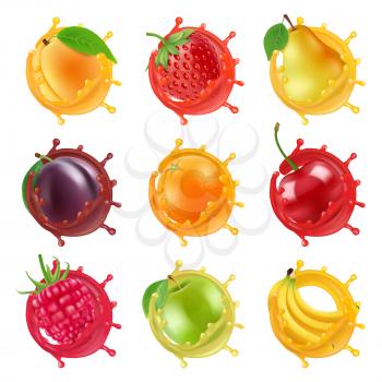Fruits in juicy splashes. Vector realistic pictures of fresh fruits for labels designs. Illustration of juicy fruit, fresh food splash, healthy natural juice