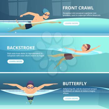 Swimming pool with swimmers. Horizontal banners with sport illustrations. Swimmer training swim, athlete exercise race