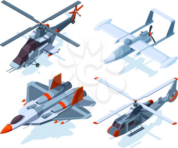 Aircraft isometric. Warplanes isolate on white. Vector airplane and helicopter isometric, 3d armed bomber and interceptor illustration