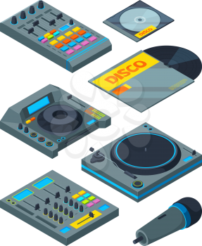 DJ isometric tools. Various instruments for DJ. Vector equipment dj, audio mixer and record illustration