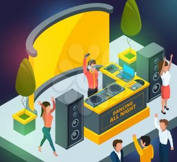 Concert or club party. Scene with musical instruments and DJ setup. Dj music club, party and disco illustration vector