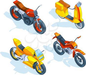 Motorcycles isometric. 3d vector pictures of transport. Motorbike transport, bike and motorcycle, transportation two-wheeled. Vector illustration