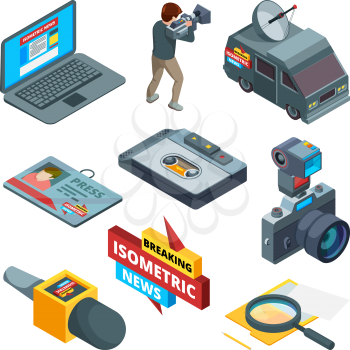 Breaking news symbols. Isometric pictures of writers videographers and journalists. Breaking news and media tv, press journalist. Vector illustration