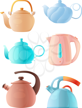 Cartoon kettles. Big set of various teapots. Cartoon kettle for tea orcoffee, kitchen teakettle, vector illustration