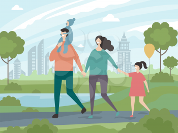 Happy family walking. Background illustrations of male and female with children walking in the park. Female and male, people of family
