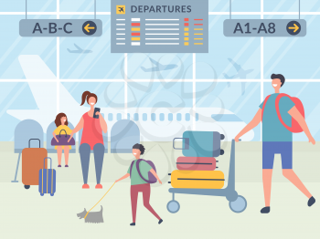 Characters in airport terminal. Vector illustrations of happy travellers. People family woman and man with baggage