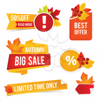 Autumn offer sales. Vector badges and stickers for advertizing. Autumn badge with leaf, offer discount illustration